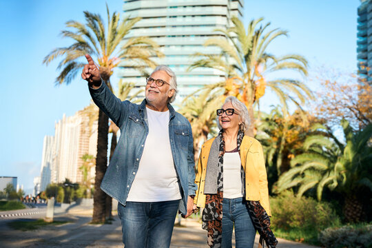 Happy senior couple walking hand in hand through a sunny city park as the man points toward a distant landmark. Candid scene conveying companionship, active aging and shared exploration.