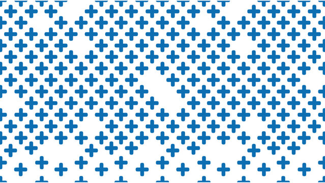 Seamless pattern of blue plus sign arranged in a grid with varying density creating a gradient effect on a white background