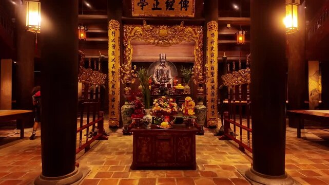 Golden Statue of Chu Van An Inside Temple of Literature Sanctuary in Hanoi Vietnam - Stabilized Gimbal Shot Color Graded B-Roll