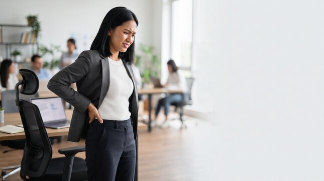 Young Asian businesswoman experiencing back pain while standing in a modern office environment