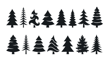Collection of fourteen black silhouette pine tree on a white background, featuring various coniferous shapes and styles for forest and nature © Bishal