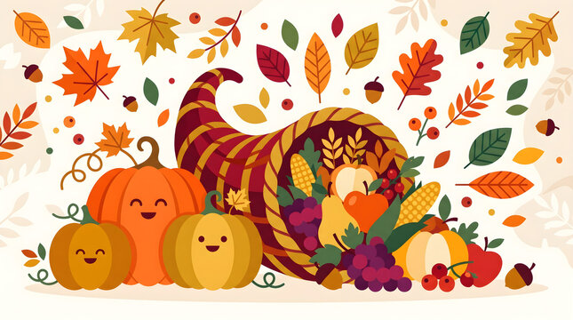 Cute Thanksgiving Cornucopia and Smiling Pumpkins Vector
