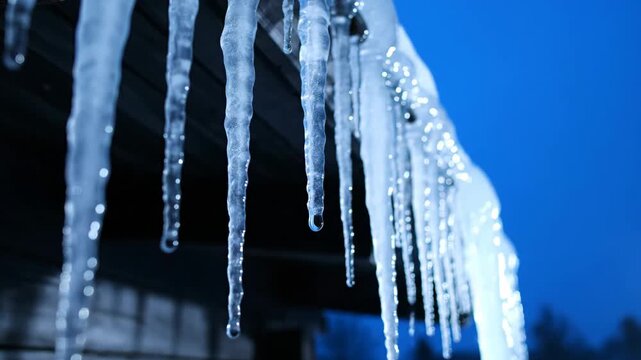 Row of icicles of different lengths hanging from roof edge with water drops dripping against clear blue sky in winter thaw footage