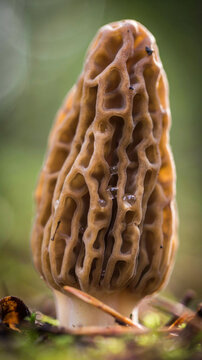 Morel mushroom with distinctive honeycomb texture in natural forest setting