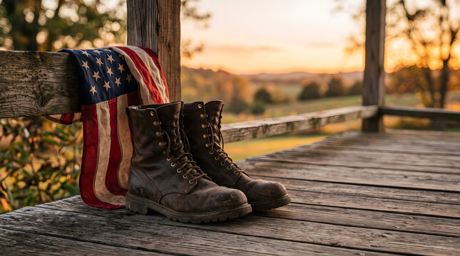 Vintage Military Combat Boots and US Flag at Sunset