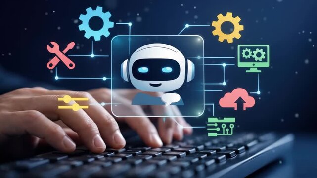 AI Chatbot Automation With Robot and Connected Gear Icons