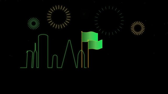 Saudi National Day animation with green Riyadh skyline fireworks