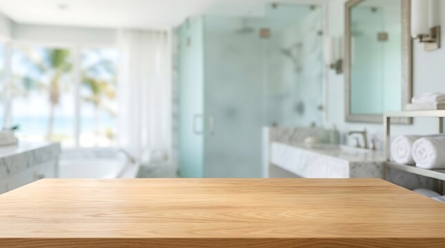 Empty wooden table top with blurred luxury bathroom interior background for product display mockup presentation scene