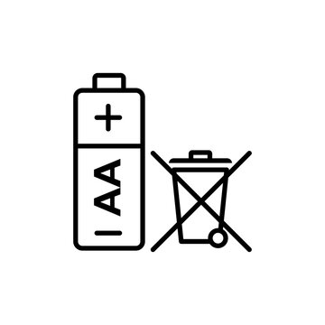 A line-art style icon of an AA battery beside a wheelie bin with a prominent 'X' through it, indicating that batteries should not be thrown in regular trash. This symbolizes proper hazardous waste dis