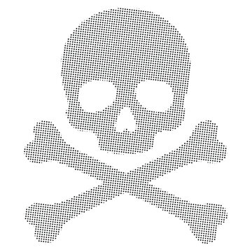 Halftone skull and crossbones vector, dotted pirate symbol with halftone pattern, gray stippled human cranium icon for warning and danger concepts