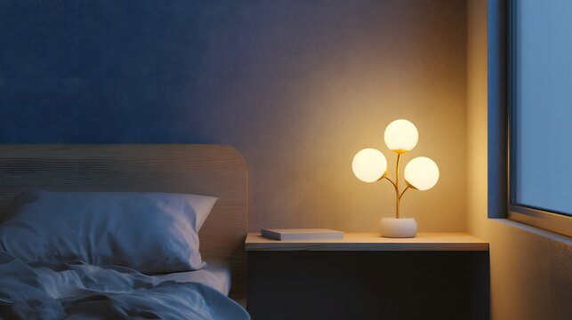 Cactus shaped bedside lamp glowing on nightstand beside bed in cozy bedroom.