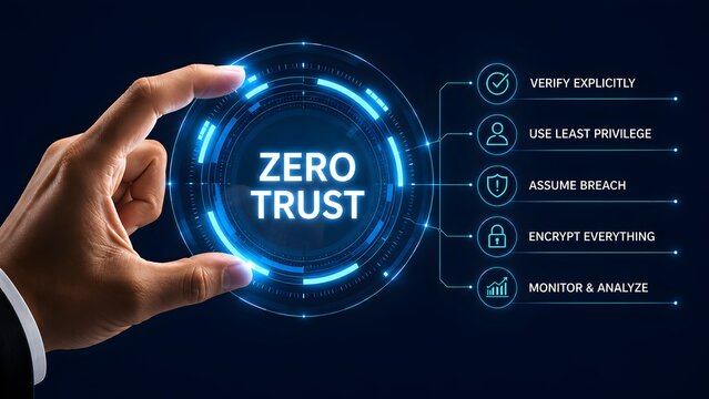 Hand interacting with zero trust cybersecurity principles interface