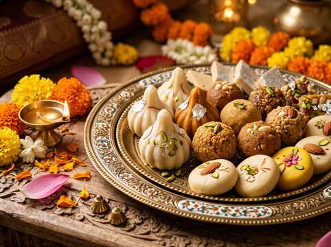Traditional Indian Sweets Platter for Diwali or Ganesh Chaturthi Celebration With Diyas, Marigolds and Festive Decor
