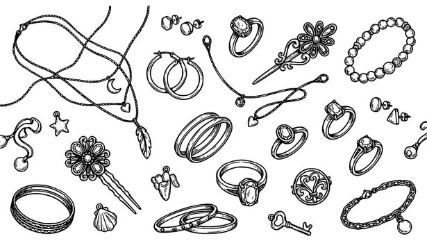 Hand Drawn Jewelry Collection Doodle Vector Set with Rings Earrings Necklaces and Bracelets