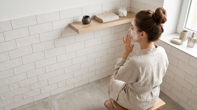 Young woman applying face mask during morning skincare routine in modern bright bathroom with white tiles, self care and wellness concept with natural light and minimalist spa atmosphere