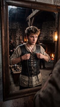 Young man lacing leather vest in antique mirror