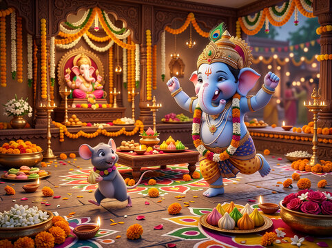 Cute Lord Ganesha Celebrating Ganesh Festival in Decorated Temple With Mouse, Sweets and Flowers