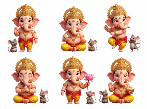 Cute Lord Ganesha Illustration Set Featuring Six Poses With Mouse Companion for Hindu Festival and Diwali Celebration