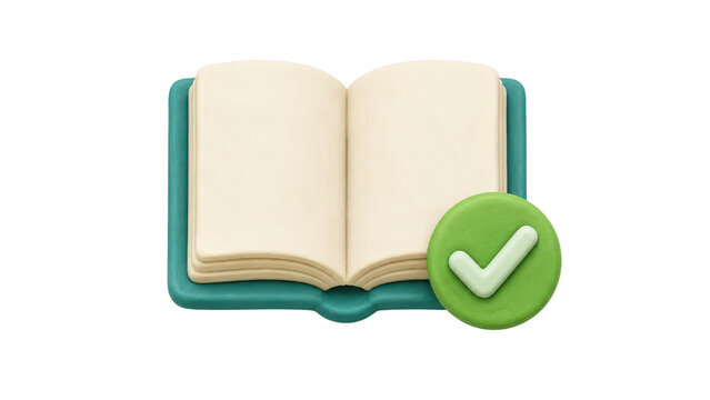 Open Book Icon with Green Check Mark in 3D Style