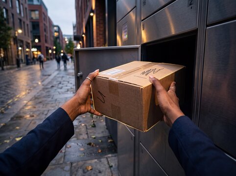 Person placing cardboard box in urban parcel locker