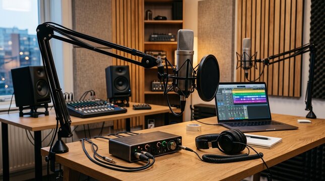 Empty professional podcast recording studio with microphones and audio equipment setup