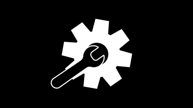 Rotating white gear and wrench animation on a black background. Ideal for maintenance, settings, repair, construction, and mechanical concepts.