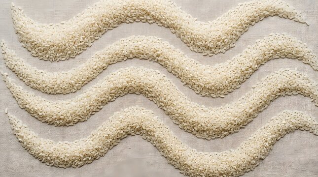 Artistic white rice grains arranged in elegant flowing wave patterns on neutral fabric texture