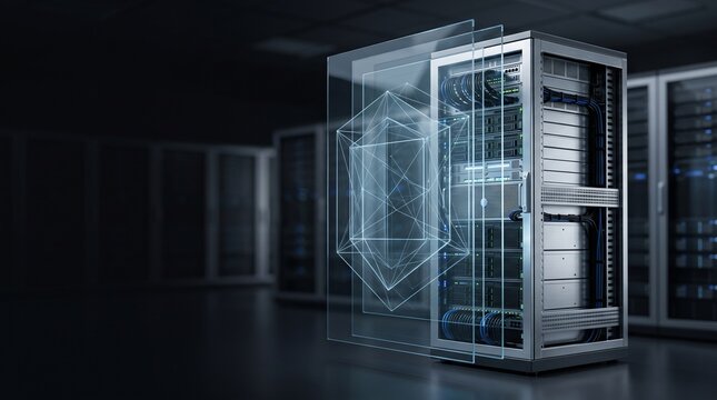 Server rack with digital security shield in a modern data center for cyber defense concept.