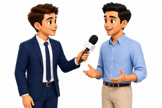 3D Cartoon Male Journalist Interviewing Man with Microphone