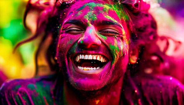 Colorful Festival Portrait with Vibrant Face Paint and Bright Lights, Celebration, holi festival 