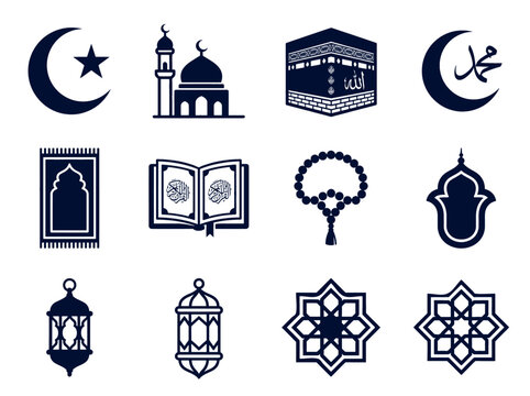 A collection of dark blue cultural symbols and religious elements displaying traditional architecture and holy scriptures for celebration of seasonal festivals and spiritual events across