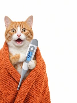 Funny ginger cat wrapped in a warm blanket shocked holding a thermometer with low temperature