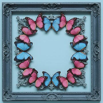 A decorative arrangement of butterflies in a circular pattern within an ornate gray frame against a soft blue background. The butterflies are primarily blue and pink, creating a vibrant contrast.