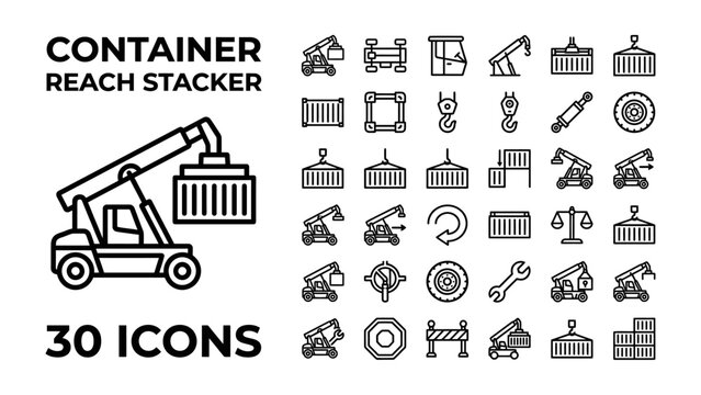 Container Reach Stacker and Logistics Icons: A comprehensive set of 30 line icons depicting various aspects of container handling, logistics, and industrial equipment, including reach stackers.
