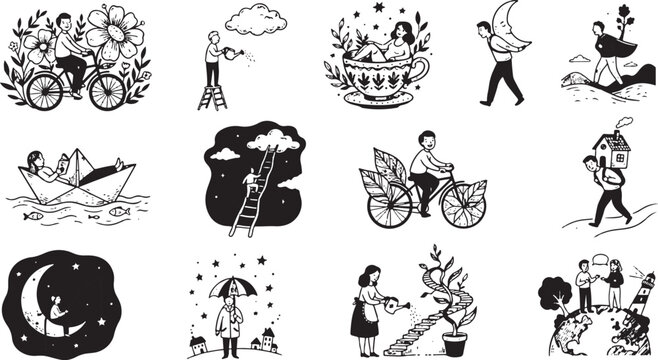 Whimsical Fantasy Line Art Vector Illustration Set