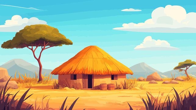 Rural dwelling hut under sunny sky