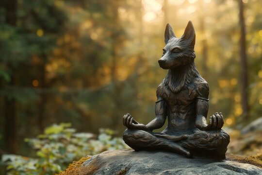 A bronze statue of a meditating wolf sits cross-legged on a rock in a sunlit forest.