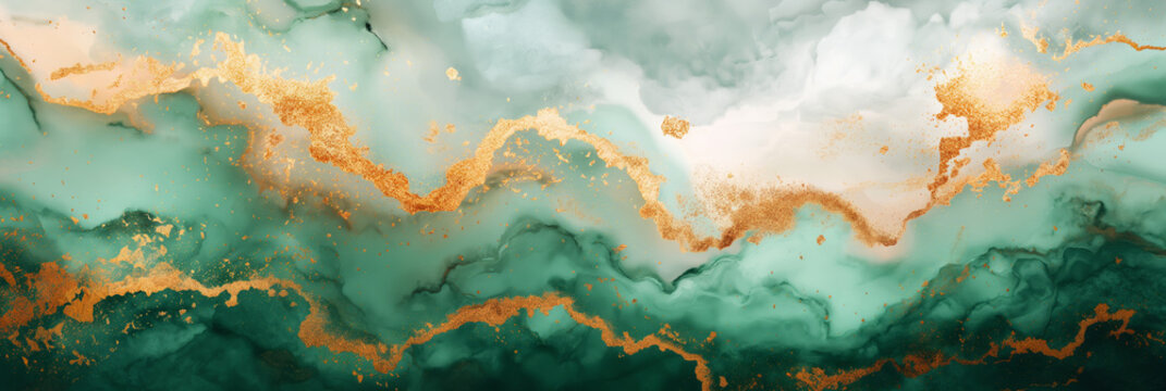Fluid abstract artwork featuring swirling green and gold patterns resembling marble or liquid paint.