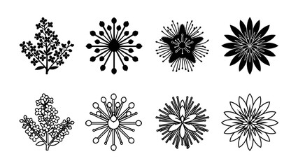 Obraz premium Set of Decorative Floral and Starburst Icons: A collection of eight stylized black and white graphic elements, including intricate floral designs and geometric starburst patterns.