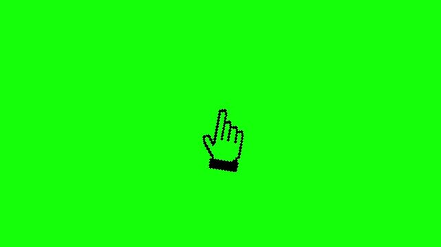 Animated retro pixel hand cursor clicking on white, green screen and black background
