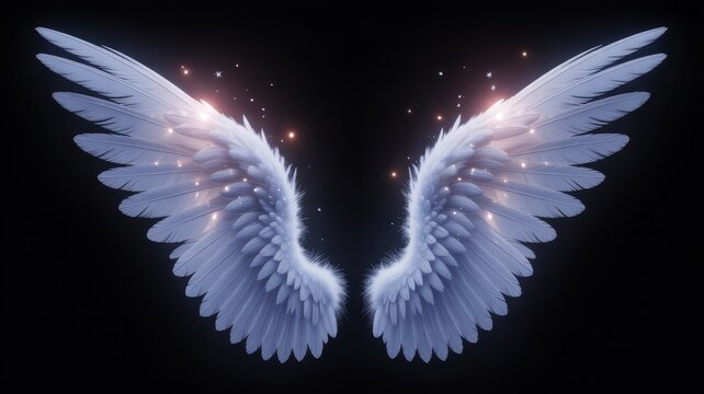 Ethereal white angel wings with glowing sparkles, divine feathered wings on black background, celestial light and magic dust