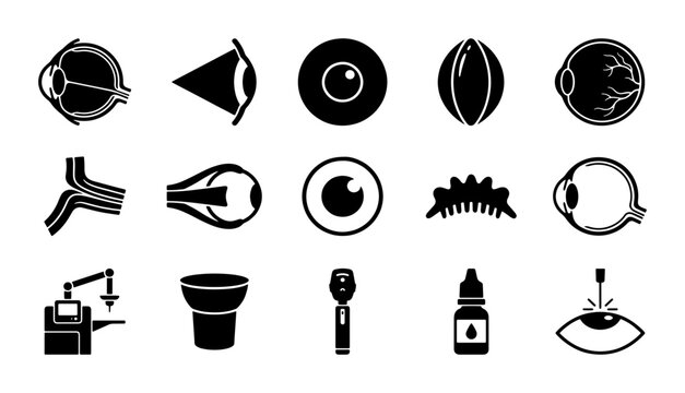 Ophthalmology medical icons set, 15 human eye anatomy and optometry symbols, black solid vector graphics for vision care