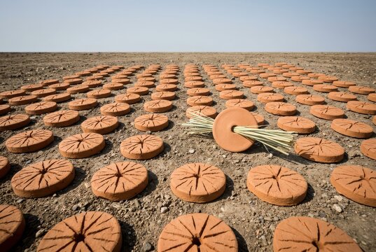 Terracotta irrigation discs in an arid field under open sky