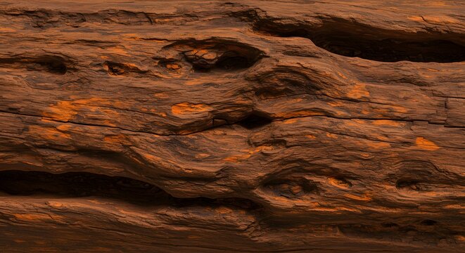 Textured wooden surface, deep grooves, knots, warm brown colors, orange highlights, natural grain patterns, soft lighting, organic feel.