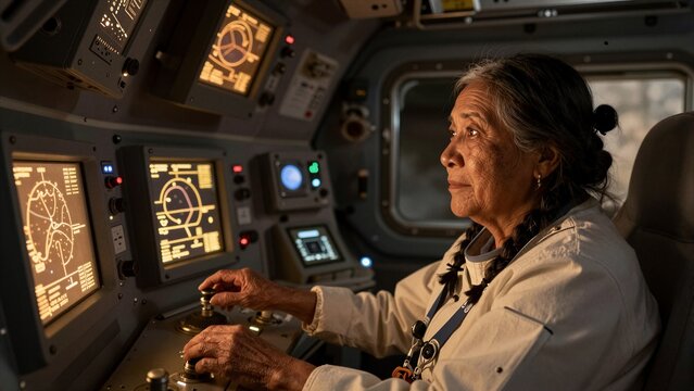 An elderly woman in a white flight suit operates controls inside a spaceship cockpit, surrounded by glowing screens displaying orbital data and celestial maps.