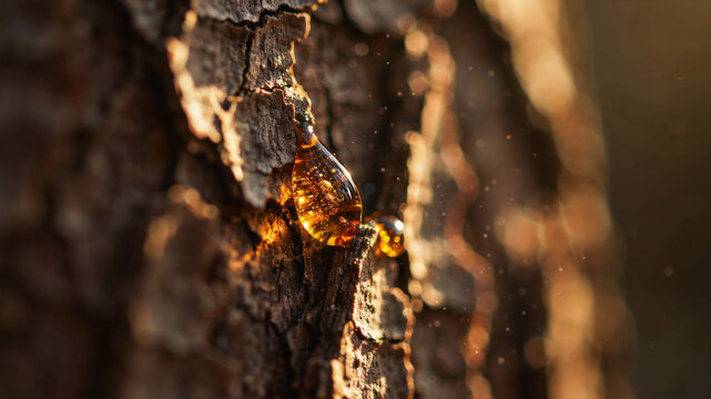 Amber resin dripping from tree bark in autumn forest setting