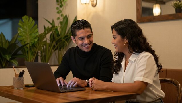 A smiling couple collaborates on a laptop at a wooden table surrounded by indoor plants and warm lighting.
