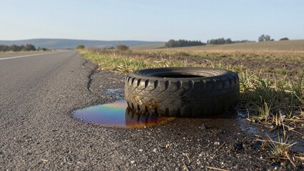 Obraz premium A discarded tire leaks colorful oil onto asphalt, creating a rainbow sheen under sunlight beside an empty road.