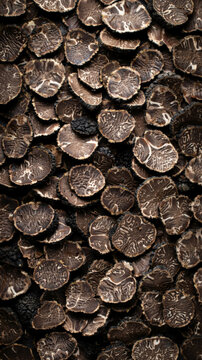 Close-up view of black truffles showcasing their unique textures and shapes on a dark surface