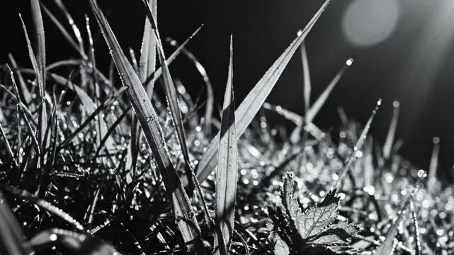Black and white close up of dewy grass blades glistening in the morning sunlight revealing freshness